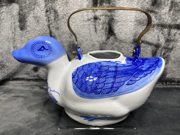 Vintage Duck Teapot, Tea Bag Holder Lid Blue White Floral Porcelain Metal Handle