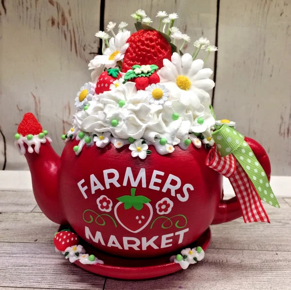 Cute  Farmers Market Strawberry & Daisies Themed Fake Whipped Cream Teapot
