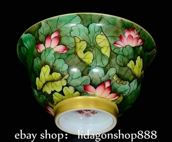 5" Qianlong Marked Enamel Porcelain Lotus Flower Leaf Pattern Lid Cup Plate Set