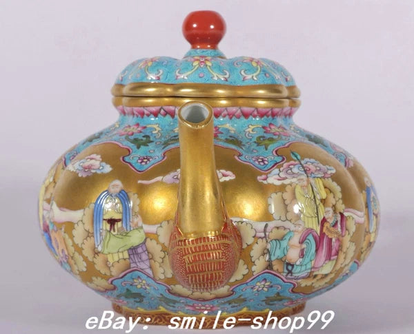 7.4" Qianlong Enamel Colour Porcelain Gold lohan Arhat Damo Dragon Kettle Pot