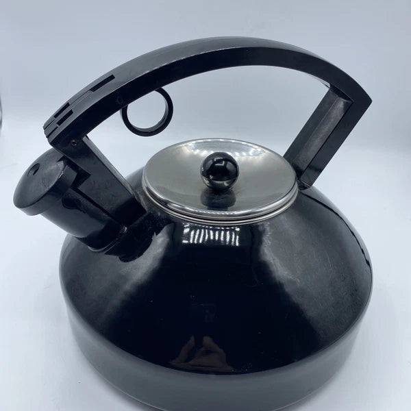 Vintage Black Enamel Tea Kettle Metal Sleek Design Silver Lid Black Knob