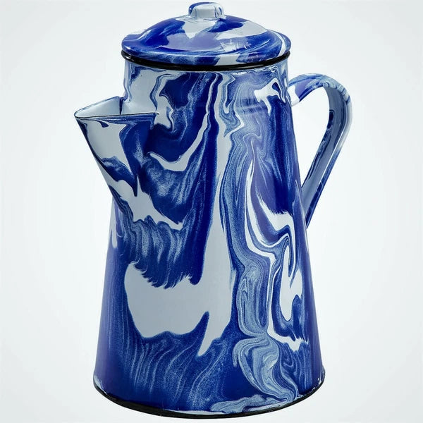 Vintage-style Blue Marbled Enamel Coffeepot Floral Display Pot Camping Kitchen