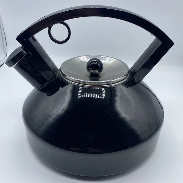 Vintage Black Enamel Tea Kettle Metal Sleek Design Silver Lid Black Knob