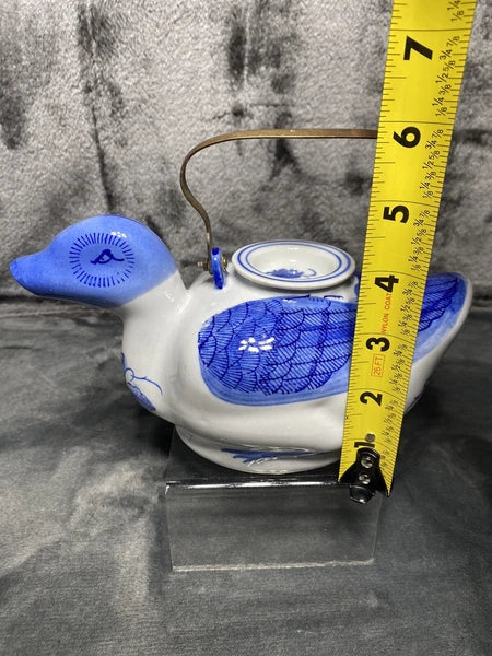Vintage Duck Teapot, Tea Bag Holder Lid Blue White Floral Porcelain Metal Handle