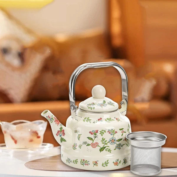 Enamel Water Kettle Coffee Pot Versatile 1.7L with Strainer with Lid Floral