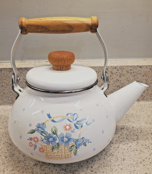 Vintage Corelle Coordinates Enamel Tea Kettle by Lincoware "Country Cornflower"