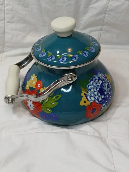 The Pioneer Woman Dazzling Dahlias Enamel Steel Teal 1.9 Quart Tea Kettle Pot