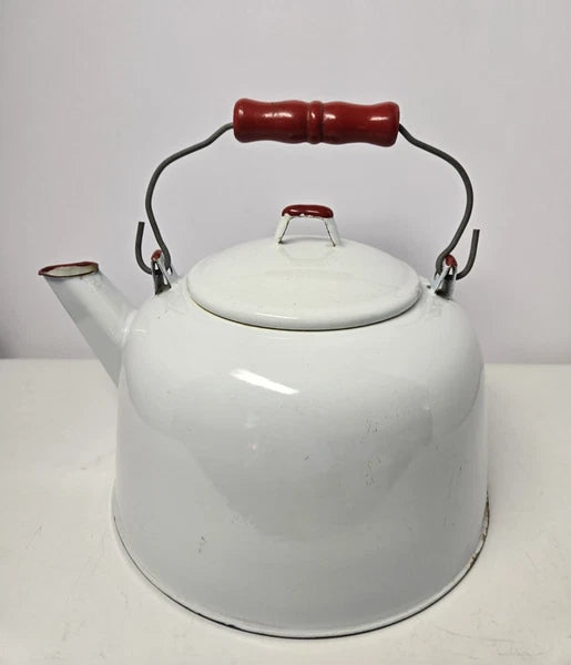 Vintage White Enamelware Farmhouse Decor Red and White Tea Kettle, Large Size