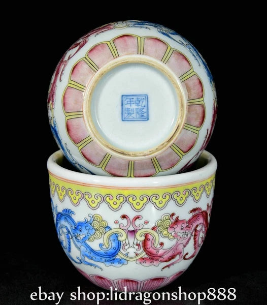 3.7" Qianlong Marked Enamel Porcelain Dragon Beast Pattern Wine Tea Cup Pair