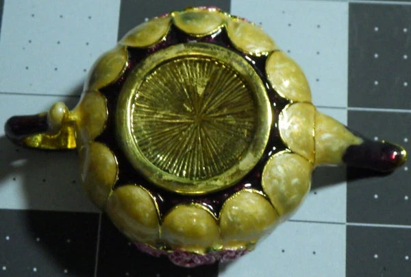 beautiful teapot trinket pill box enamel pink rhinestone roses lidded heavy