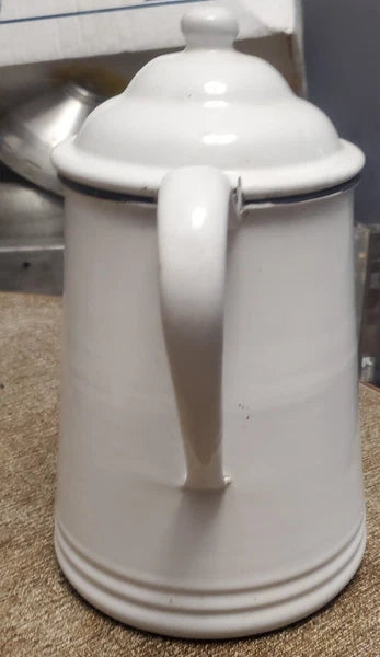 Graniteware Teapot White with Black Trim Enamelware Coffee Pot Vintage