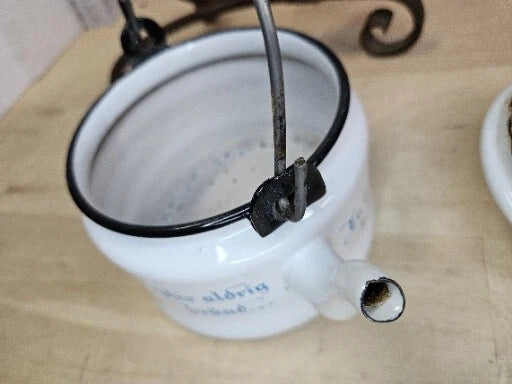 Vintage Enamel Folk Art Tea Pot With Cast Iron Stand