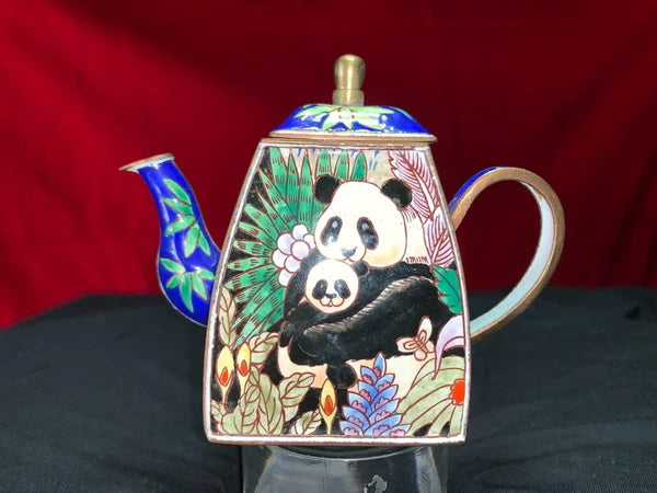 John Clementson Miniature Brass and Enamel Teapot with Panda
