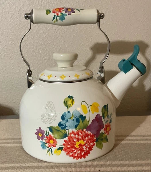 The Pioneer Woman Blooming Bouquet Whistling Tea Steel Tea Kettle White