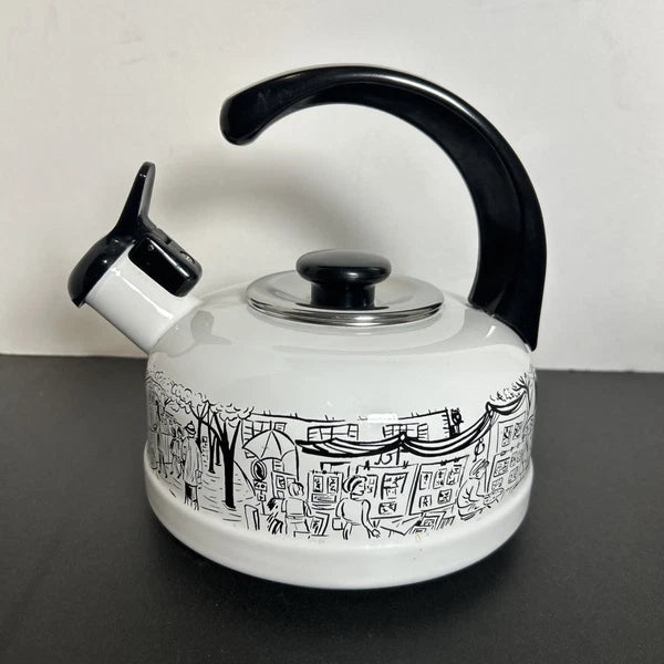 Vintage Mikasa Enamelware Parisian Scenes Whistling Tea Kettle