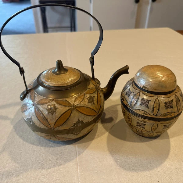Vintage Brass Solid Tea Kettle With Brass Tea Jar Decorated In Enamel Floral Set