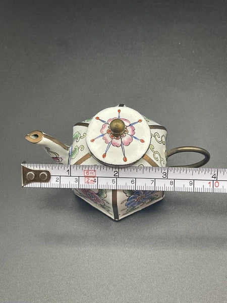 Chinemel B. Yee Enamel On Copper Miniature White Teapot W/Floral