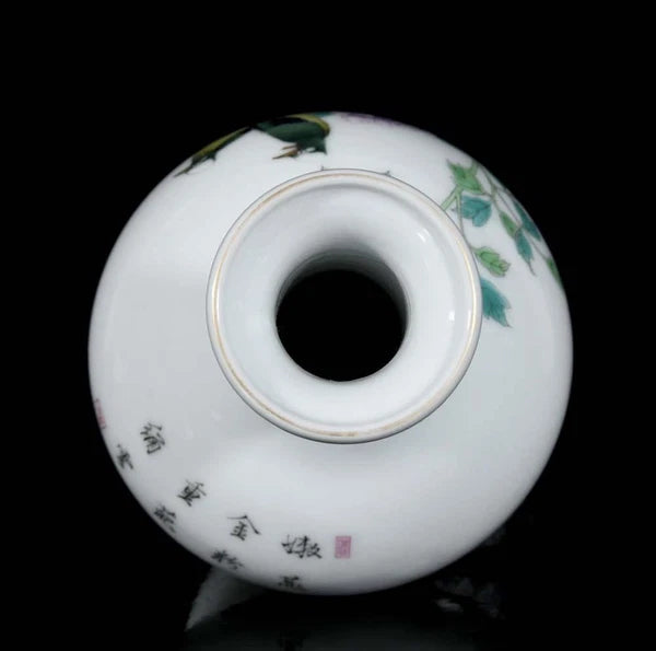 Yongzheng Signed Old Chinese Colour Enamel Vase W/bird N3274