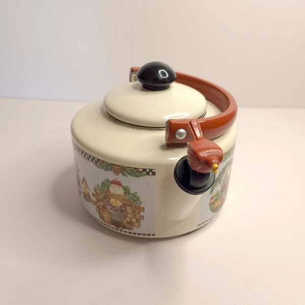 Debbie Mumm Woodland Santa Whistling Tea Kettle 2.5 Qt Porcelain Enamel 1999