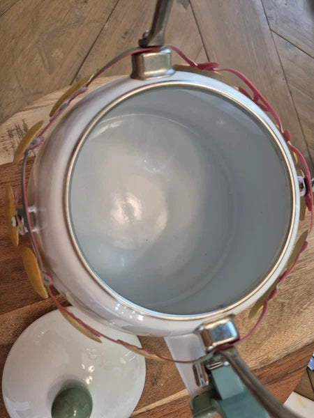 White Enamel Whistling Tea Kettle Gold Apple Garland 1999 Via Ancona