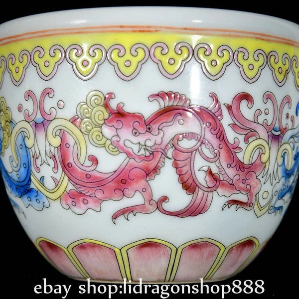 3.7" Qianlong Marked Enamel Porcelain Dragon Beast Pattern Wine Tea Cup Pair