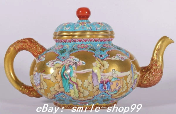 7.4" Qianlong Enamel Colour Porcelain Gold lohan Arhat Damo Dragon Kettle Pot