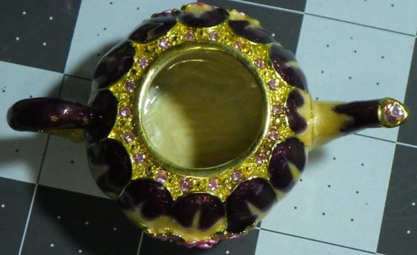 beautiful teapot trinket pill box enamel pink rhinestone roses lidded heavy