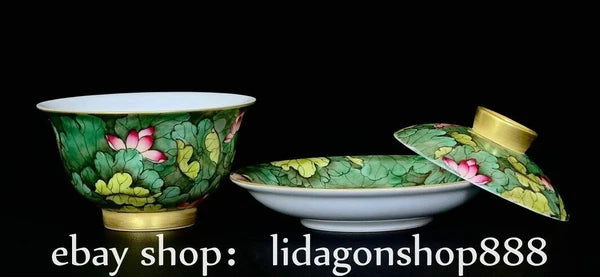 5" Qianlong Marked Enamel Porcelain Lotus Flower Leaf Pattern Lid Cup Plate Set