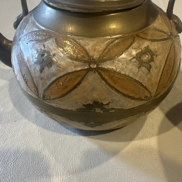 Vintage Brass Solid Tea Kettle With Brass Tea Jar Decorated In Enamel Floral Set