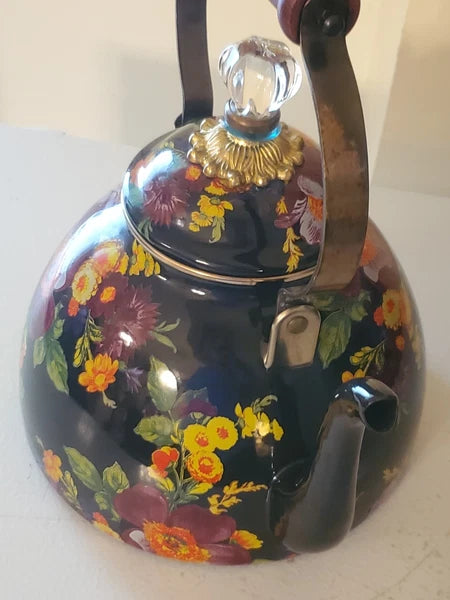 Mackenzie-Childs Black Flower Market Teapot Halloween Autumn Fall 3 QT Quart
