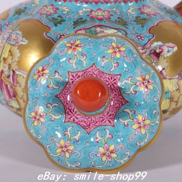 7.4" Qianlong Enamel Colour Porcelain Gold lohan Arhat Damo Dragon Kettle Pot