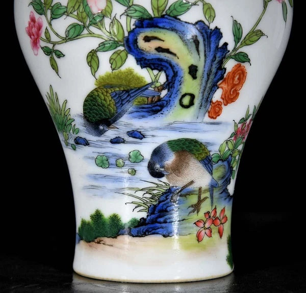 Yongzheng Signed Old Chinese Colour Enamel Vase W/bird N3639