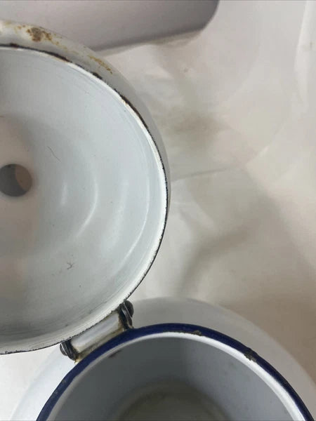 VINTAGE WHITE WITH BLUE TRIM ENAMEL WARE TEA POT