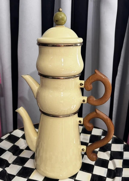 MacKenzie Childs Stacked Camp Cream Enamel Teapot Cream & Sugar High tea
