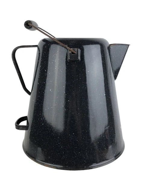 Vtg Enamelware Coffee Tea Pot Camping Kettle Black Speckled 10.5” Tall No Lid