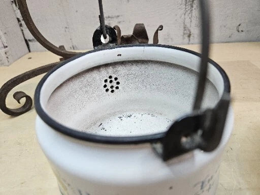 Vintage Enamel Folk Art Tea Pot With Cast Iron Stand