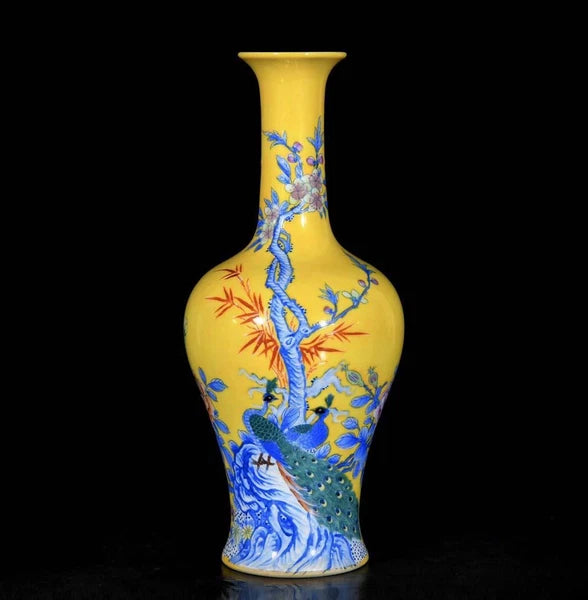 Qianlong Signed Pair Old Chinese Colour Enamel Vase W/peacock N3685