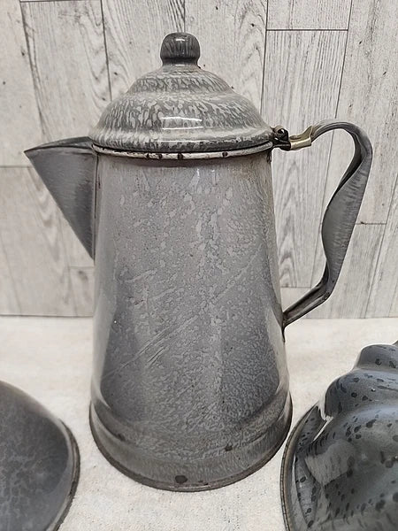 Stunning Vtg Grey Enamel Splatterware Lot Agate Can. Spout Teapot Bundt Pan Farm