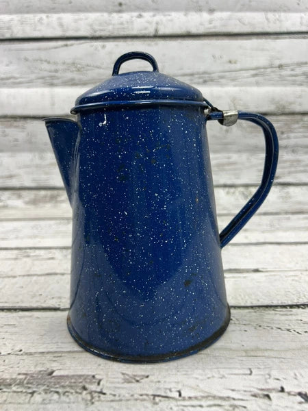 Vintage Blue White Speckled Enameled Graniteware Coffee Tea Pot Perculator W/Lid