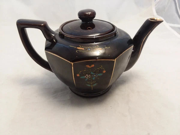 Japan Vintage Black Glazed Tea Pot Hand-painted Design Flowers Gold Trim Hexagon