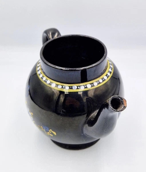 GEORGIAN JACKFIELD GLAZE POTTERY ENAMELLED BACHELORS TEAPOT c1780 a/f