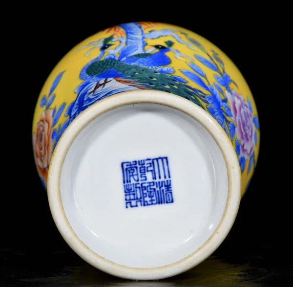 Qianlong Signed Pair Old Chinese Colour Enamel Vase W/peacock N3685