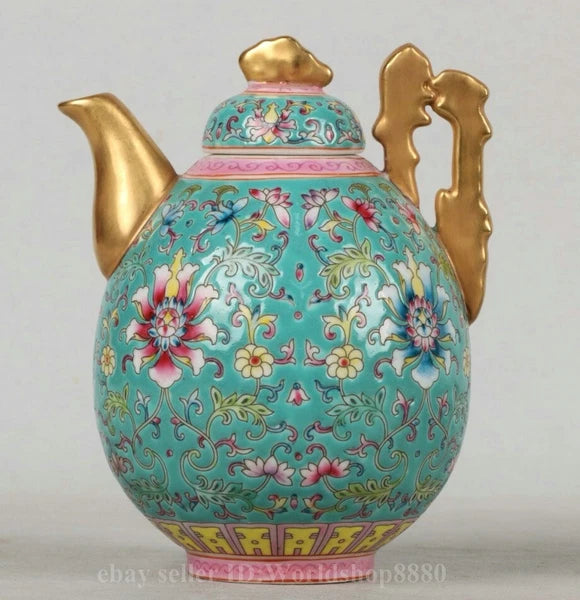 8.5" Yongzheng Marked Enamel Porcelain Gilt Flower Pattern Tea Pot Cup Plate Set