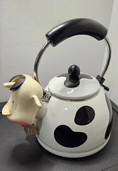 Vintage M Kamenstein Cow Tea Kettle With Bell Enamel Whistling Teapot