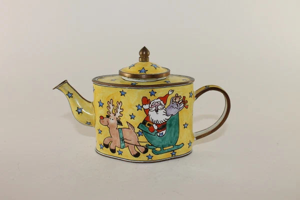 Vintage Collectible Kelvin Chen Enamel Miniature Yellow Teapot Santa w Reindeer