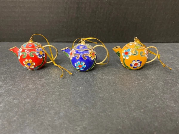 Miniature Cloisonne Teapot Ornaments Enamel Floral Lot of 3