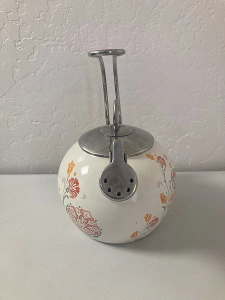 World Market White Orange Floral Pattern Oven Safe Tea Pot Kettle
