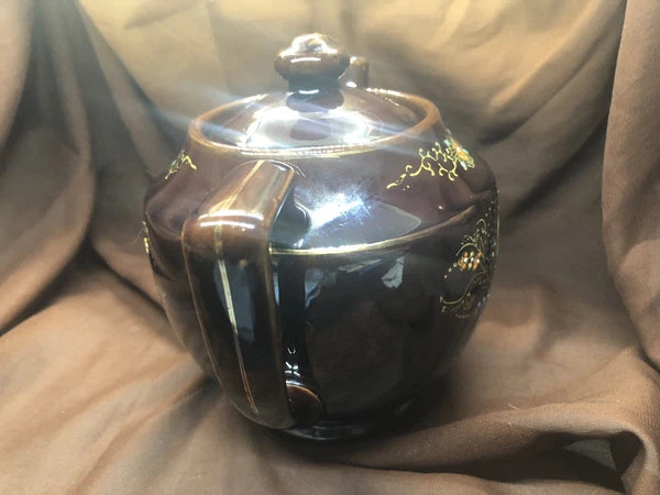 Vintag Brown Betty Tea Pot- Gold Trim Moriage Enameled Flowers, 5 1/4" Japan