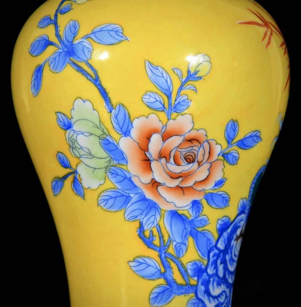 Qianlong Signed Pair Old Chinese Colour Enamel Vase W/peacock N3685