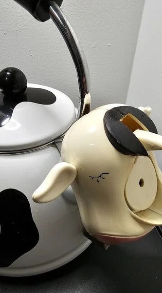 Vintage M Kamenstein Cow Tea Kettle With Bell Enamel Whistling Teapot